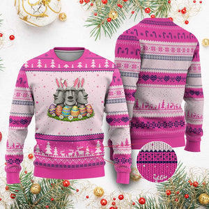 Easter Island Moai Bunny Ears Ugly Christmas Sweater Funny Archaeology Gift TS12 Hot Pink Print Your Wear