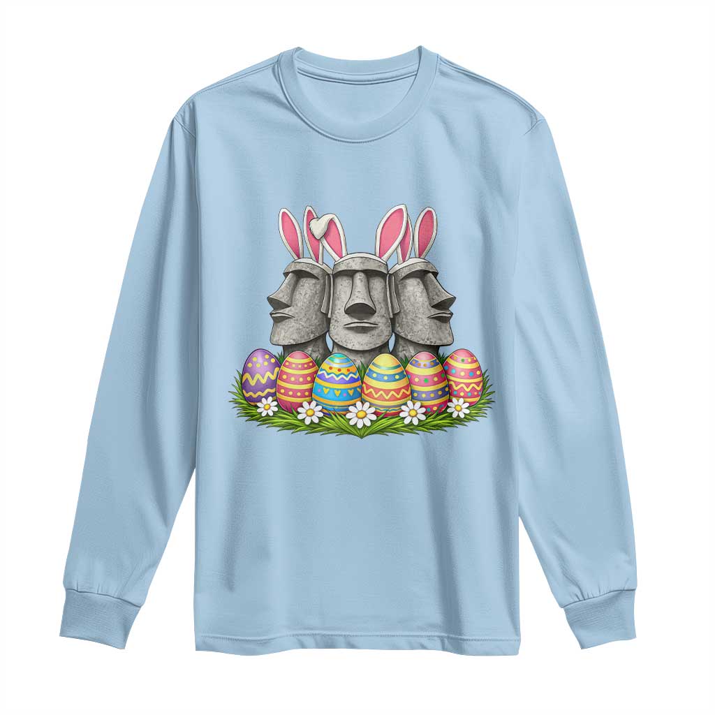 Easter Island Moai Bunny Ears Long Sleeve Shirt Funny Archaeology Gift TS12 Light Blue Print Your Wear