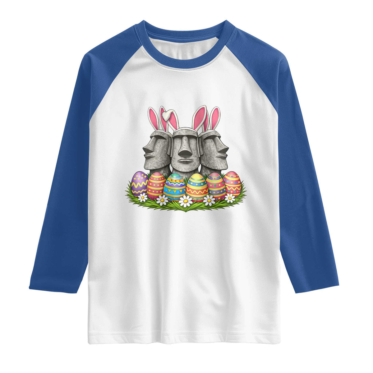 Easter Island Moai Bunny Ears Raglan Shirt Funny Archaeology Gift TS12 White Royal Print Your Wear