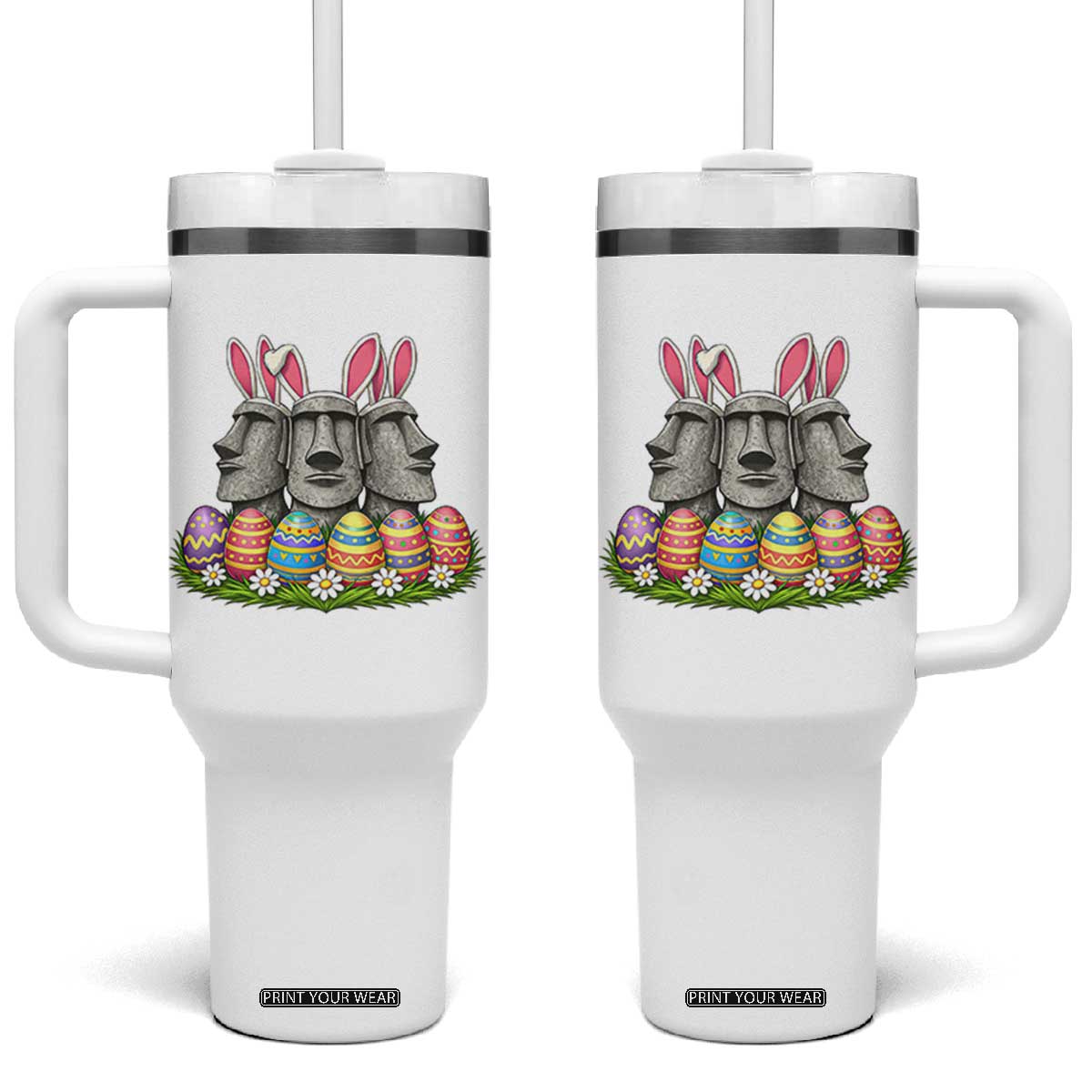 Easter Island Moai Bunny Ears Tumbler With Handle Funny Archaeology Gift TS12 One Size: 40 oz White Print Your Wear