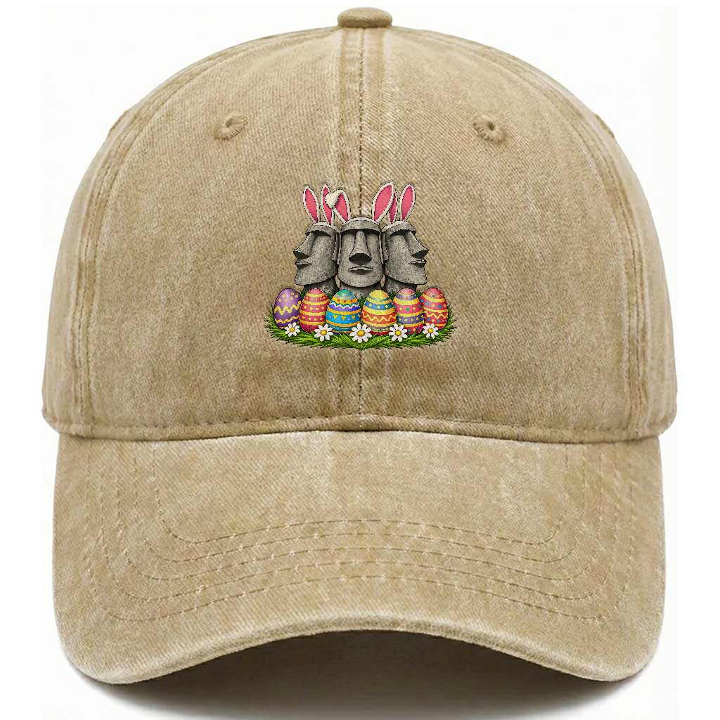 Easter Island Moai Bunny Ears Washed Cotton Baseball Cap Funny Archaeology Gift TS12 Washed Cap Universal Fit Khaki Print Your Wear