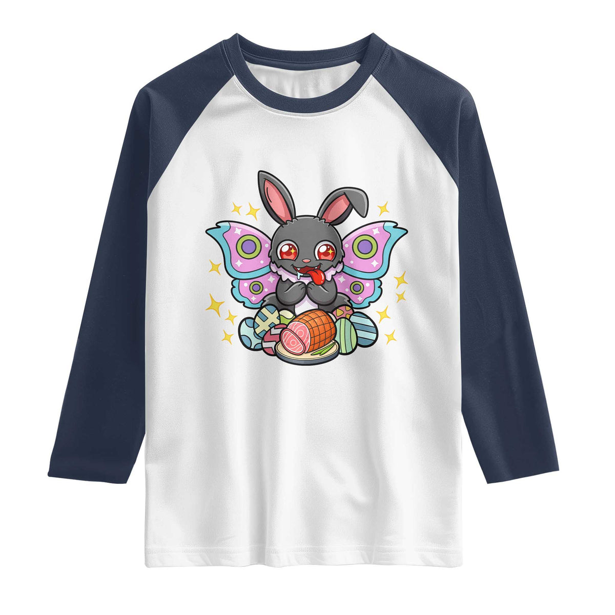 Funny Easter Bunny Mothman Loves Glazed Ham Raglan Shirt TS12 White Navy Print Your Wear