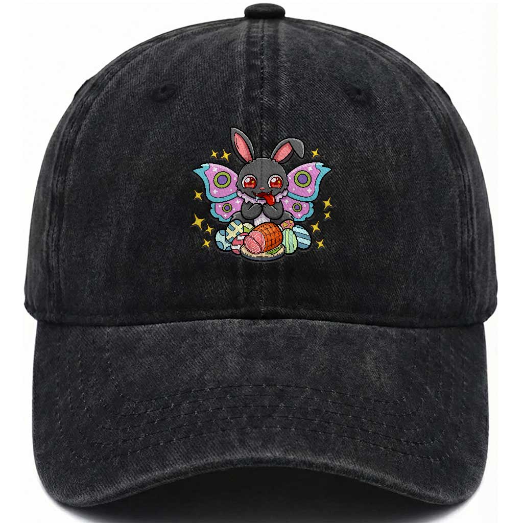 Funny Easter Bunny Mothman Loves Glazed Ham Washed Cotton Baseball Cap TS12 Washed Cap Universal Fit Black Print Your Wear