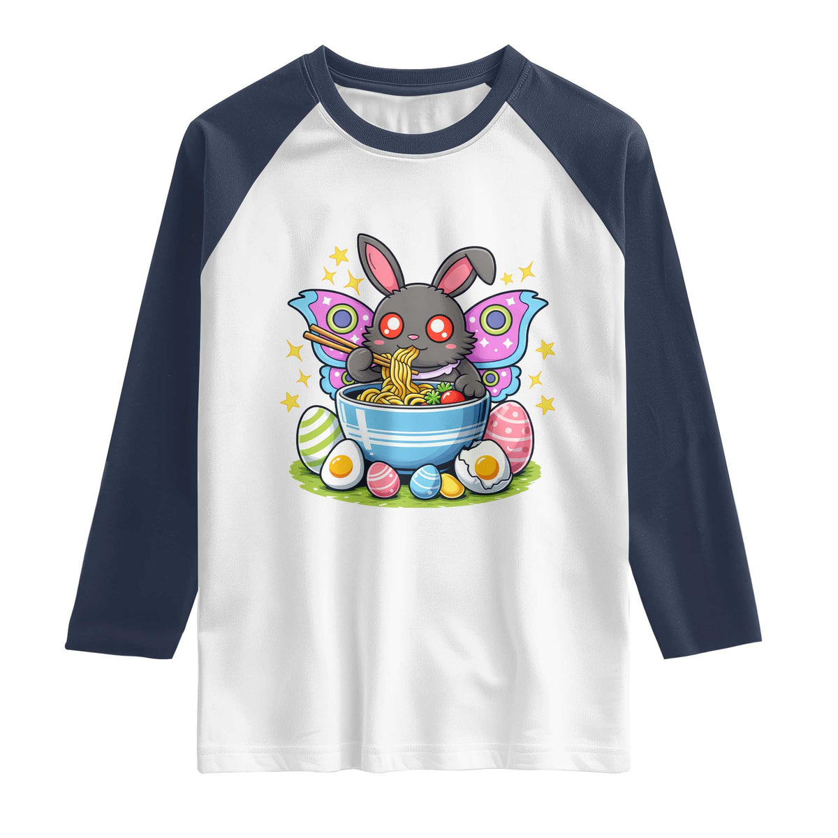 Funny Easter Mothman Eating Ramen Raglan Shirt Cryptid Lover Gift TS12 White Navy Print Your Wear