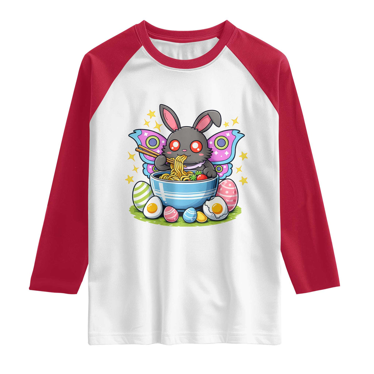 Funny Easter Mothman Eating Ramen Raglan Shirt Cryptid Lover Gift TS12 White Red Print Your Wear