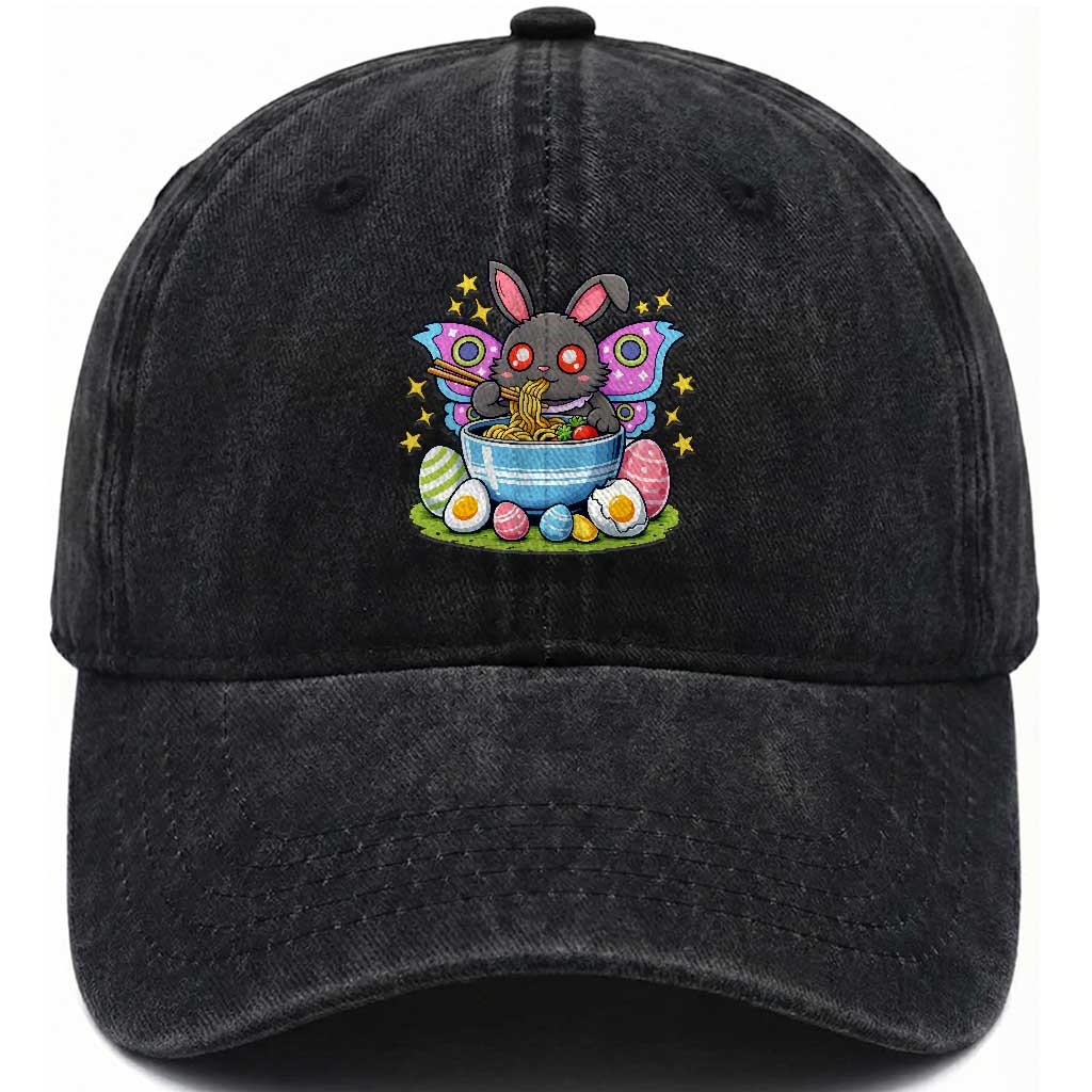 Funny Easter Mothman Eating Ramen Washed Cotton Baseball Cap Cryptid Lover Gift TS12 Washed Cap Universal Fit Black Print Your Wear