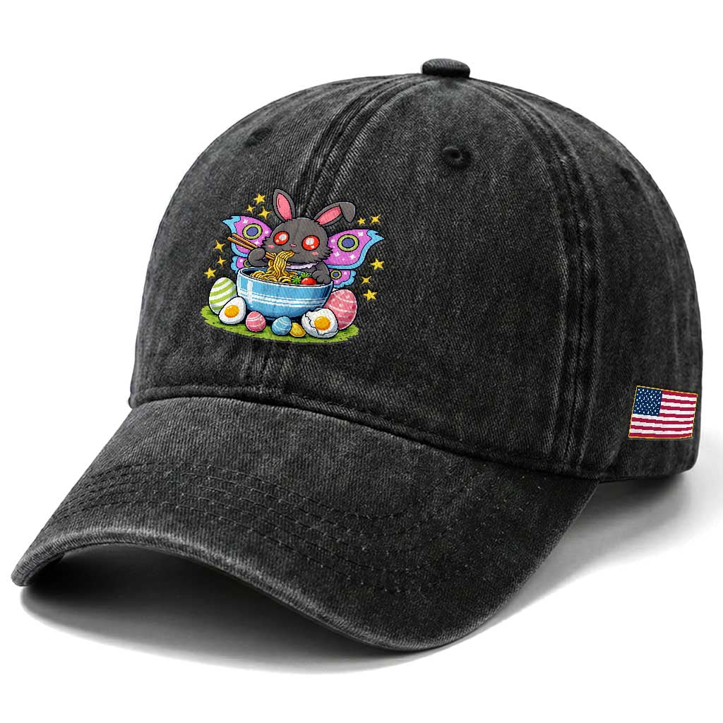 Funny Easter Mothman Eating Ramen Washed Cotton Baseball Cap Cryptid Lover Gift TS12 Print Your Wear