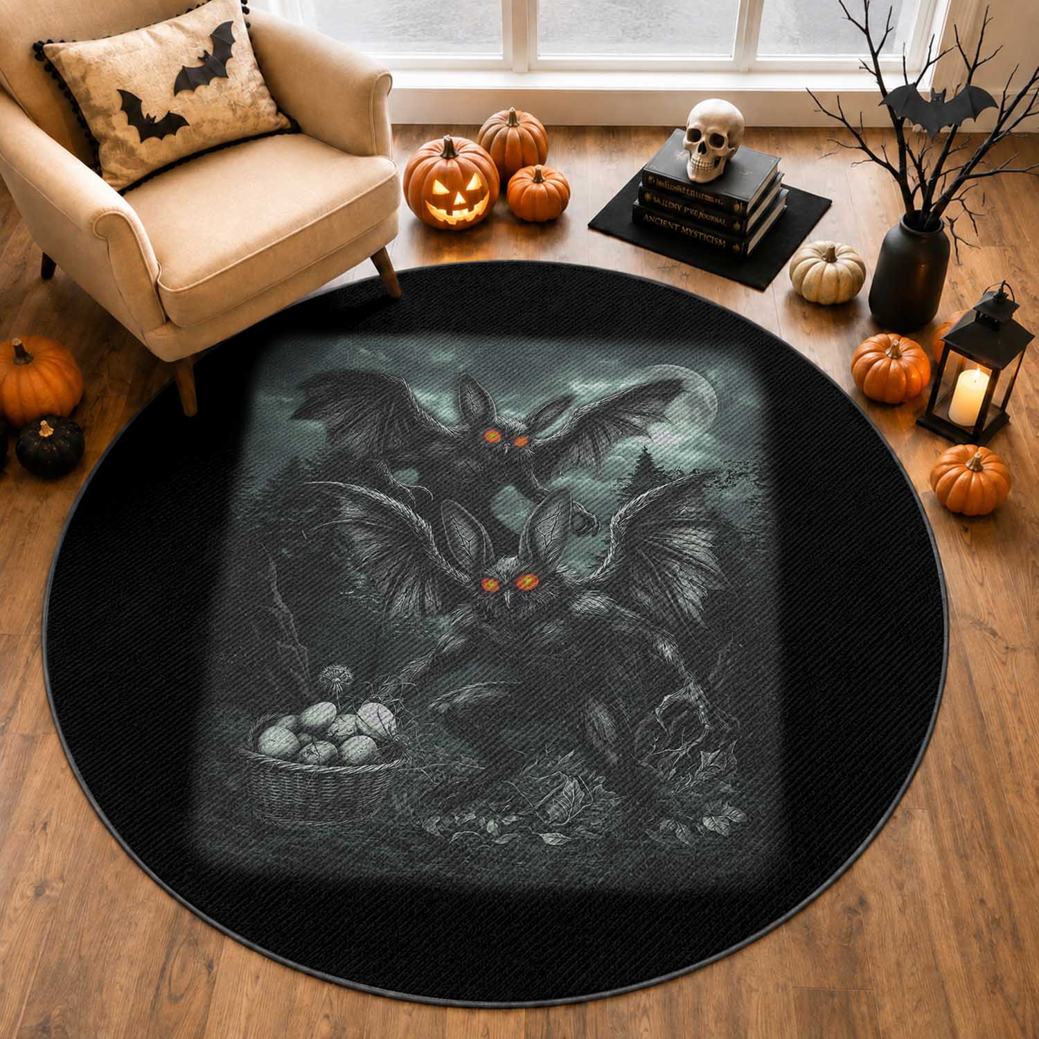 Vintage Horror Mothman Easter Round Rug Folklore Monster Lover Gift