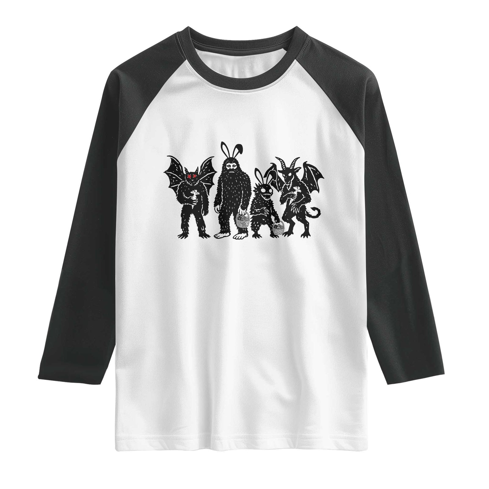 Funny Easter Cryptid Squad Raglan Shirt Bigfoot Mothman Jersey Devil Chupacabra Gift TS12 White Black Print Your Wear