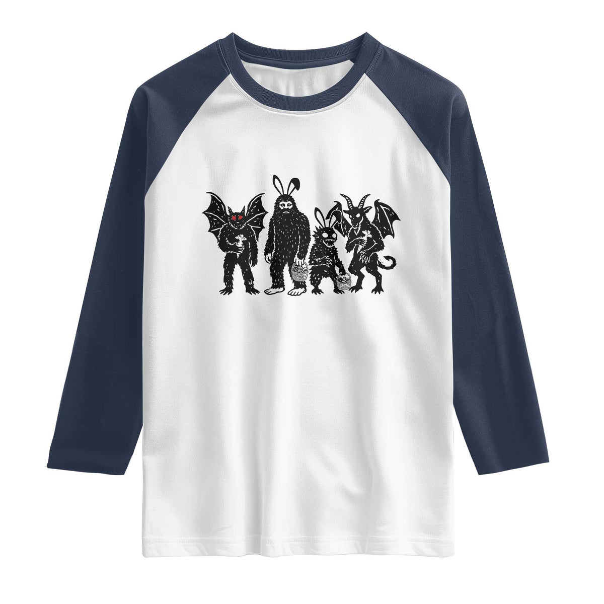 Funny Easter Cryptid Squad Raglan Shirt Bigfoot Mothman Jersey Devil Chupacabra Gift TS12 White Navy Print Your Wear