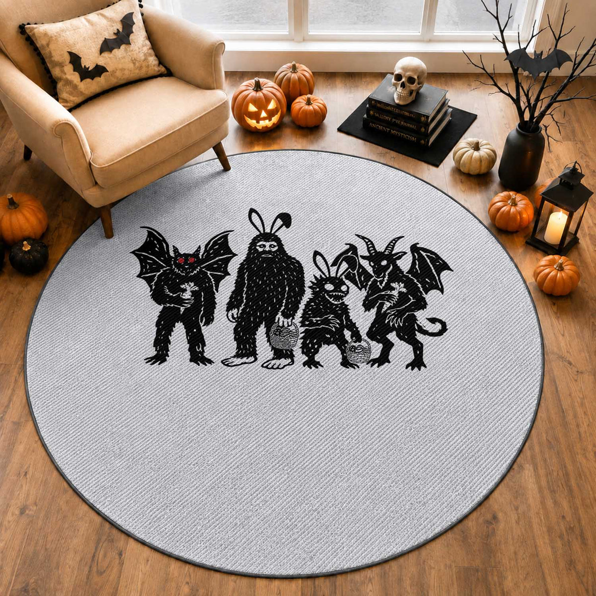 Funny Easter Cryptid Squad Round Rug Bigfoot Mothman Jersey Devil Chupacabra Gift