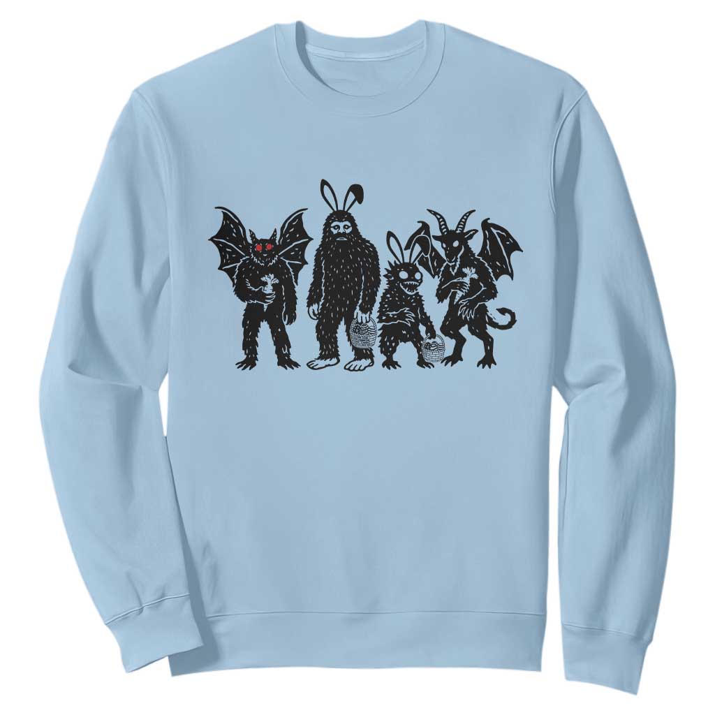 Funny Easter Cryptid Squad Sweatshirt Bigfoot Mothman Jersey Devil Chupacabra Gift TS12 Light Blue Print Your Wear