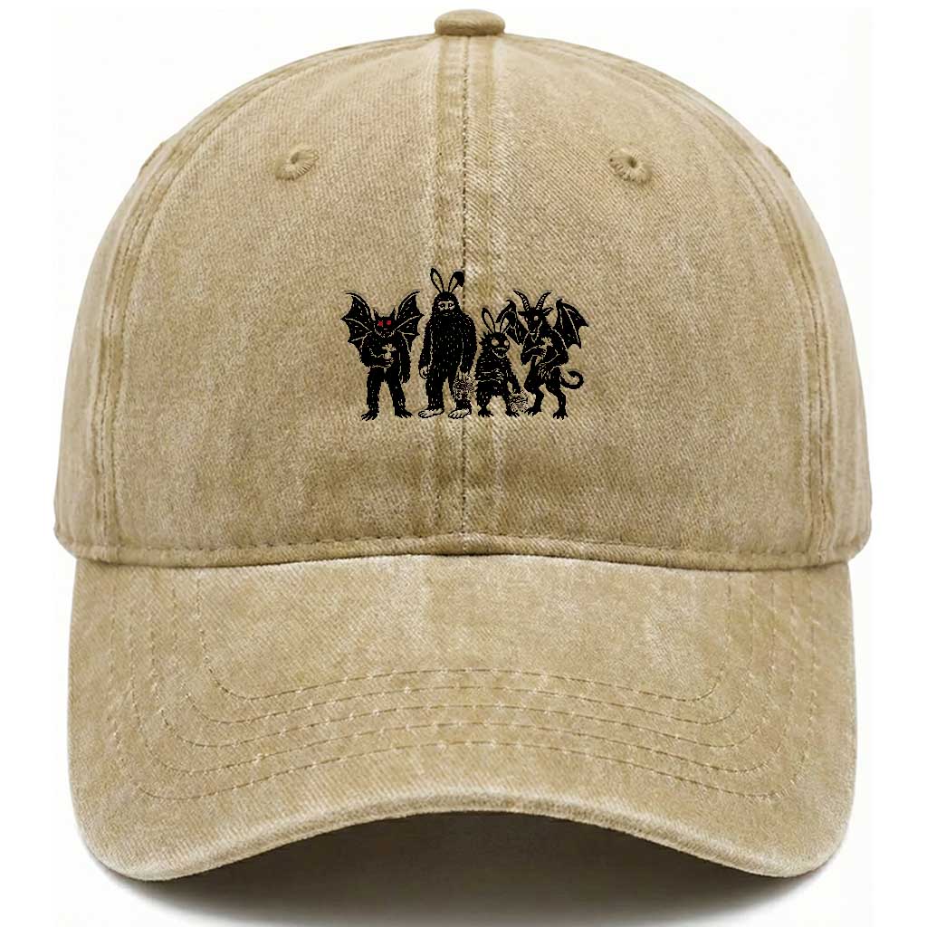 Funny Easter Cryptid Squad Washed Cotton Baseball Cap Bigfoot Mothman Jersey Devil Chupacabra Gift TS12 Washed Cap Universal Fit Khaki Print Your Wear