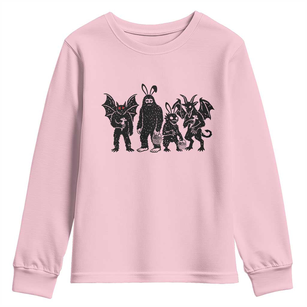 Funny Easter Cryptid Squad Youth Sweatshirt Bigfoot Mothman Jersey Devil Chupacabra Gift TS12 Light Pink Print Your Wear