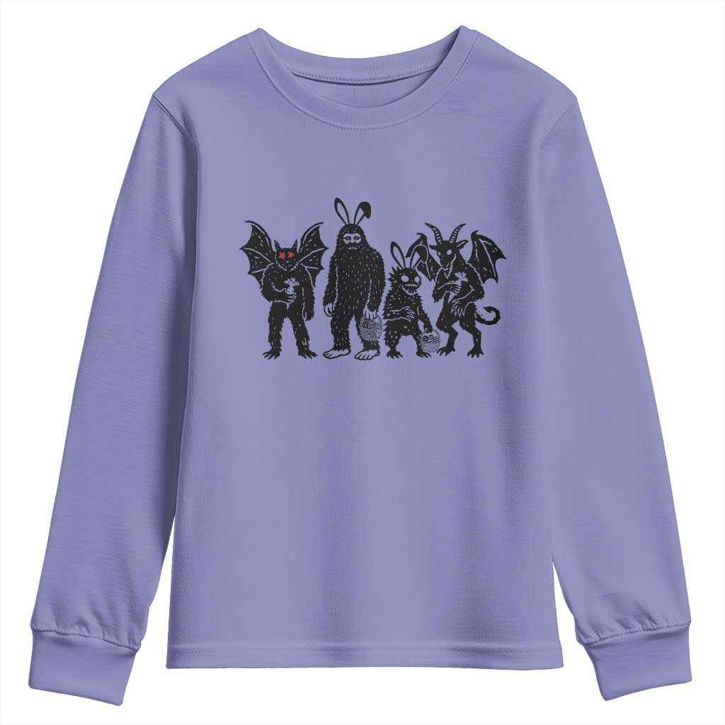 Funny Easter Cryptid Squad Youth Sweatshirt Bigfoot Mothman Jersey Devil Chupacabra Gift TS12 Violet Print Your Wear