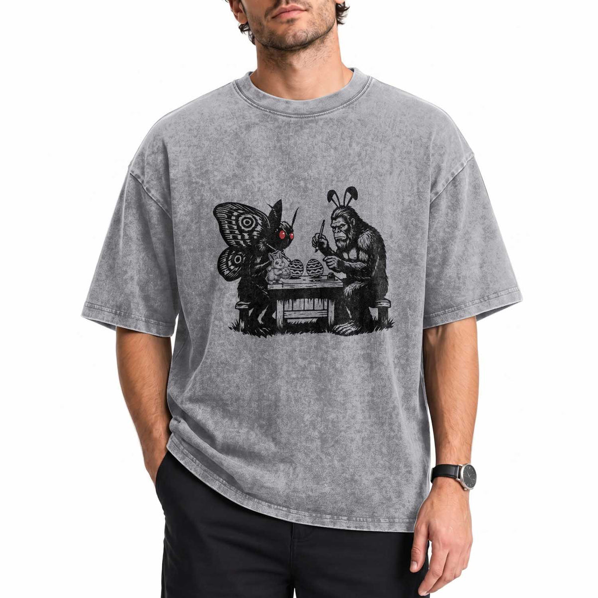 Funny Bigfoot And Mothman Egg Painting Washed Cotton T-Shirt Cryptid Easter Gift