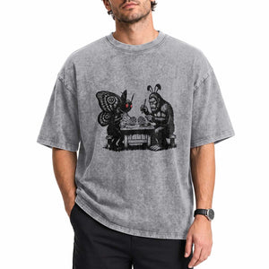 Funny Bigfoot And Mothman Egg Painting Washed Cotton T-Shirt Cryptid Easter Gift