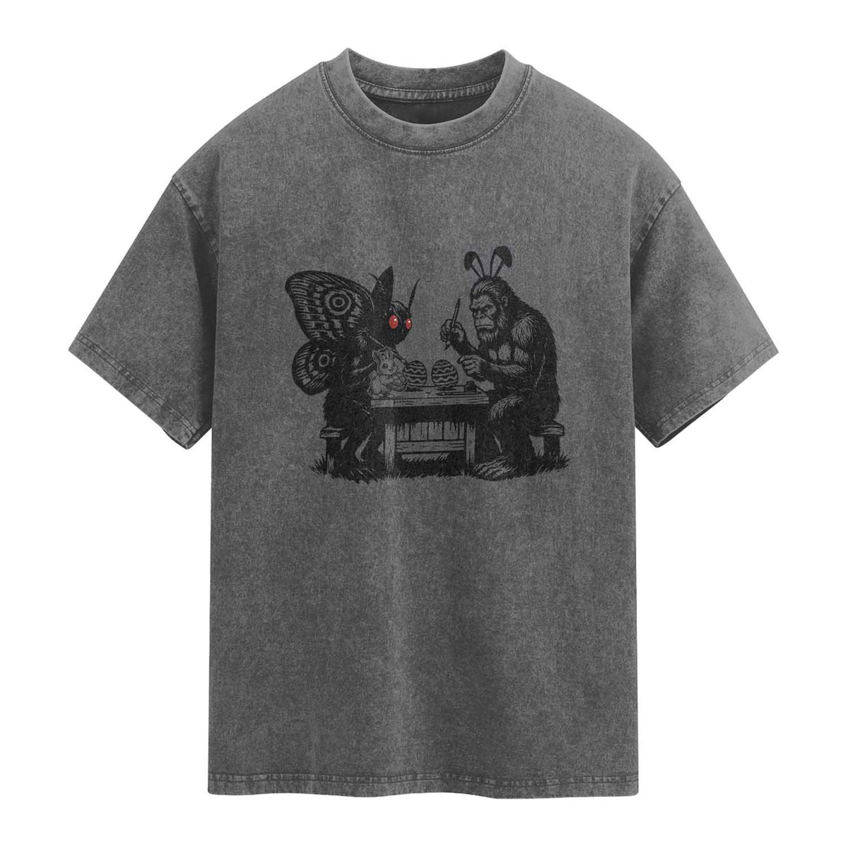 Funny Bigfoot And Mothman Egg Painting Washed Cotton T-Shirt Cryptid Easter Gift