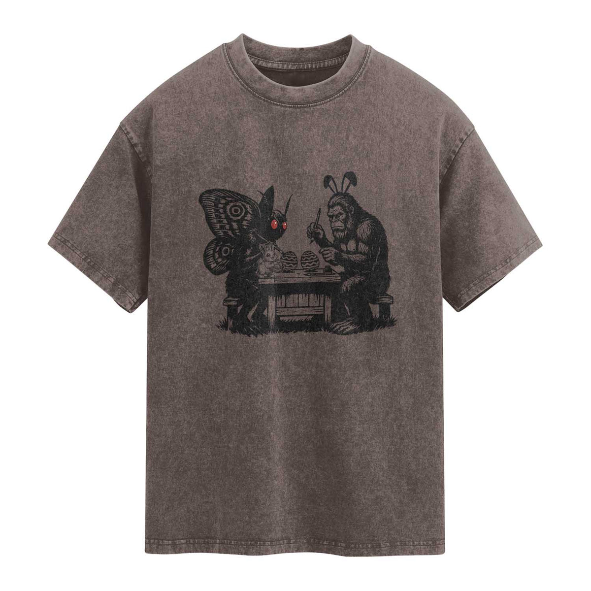 Funny Bigfoot And Mothman Egg Painting Washed Cotton T-Shirt Cryptid Easter Gift