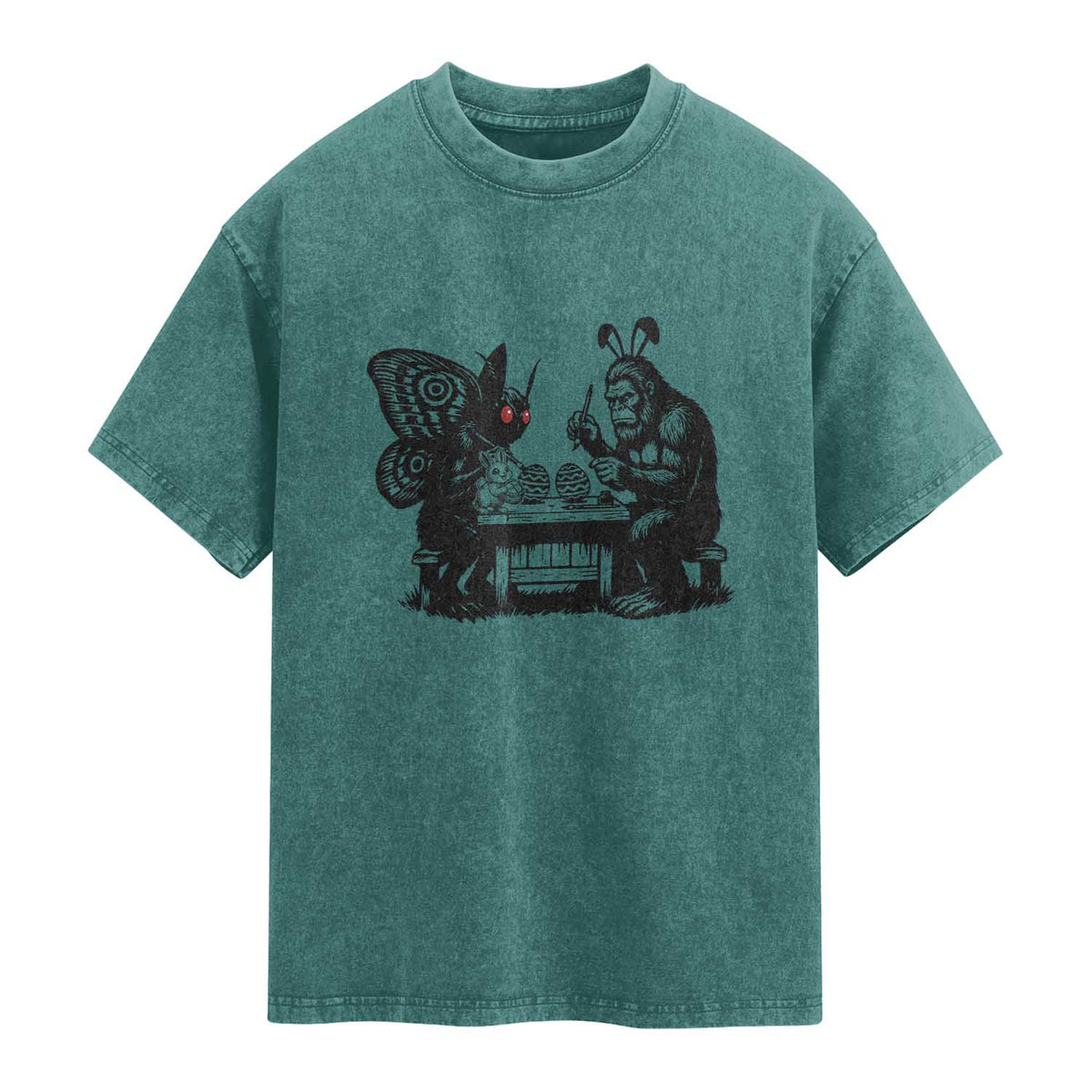Funny Bigfoot And Mothman Egg Painting Washed Cotton T-Shirt Cryptid Easter Gift