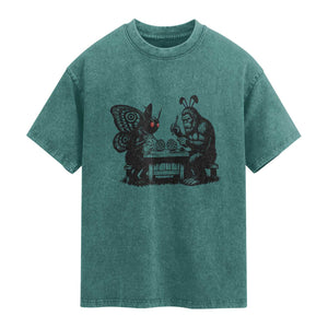 Funny Bigfoot And Mothman Egg Painting Washed Cotton T-Shirt Cryptid Easter Gift