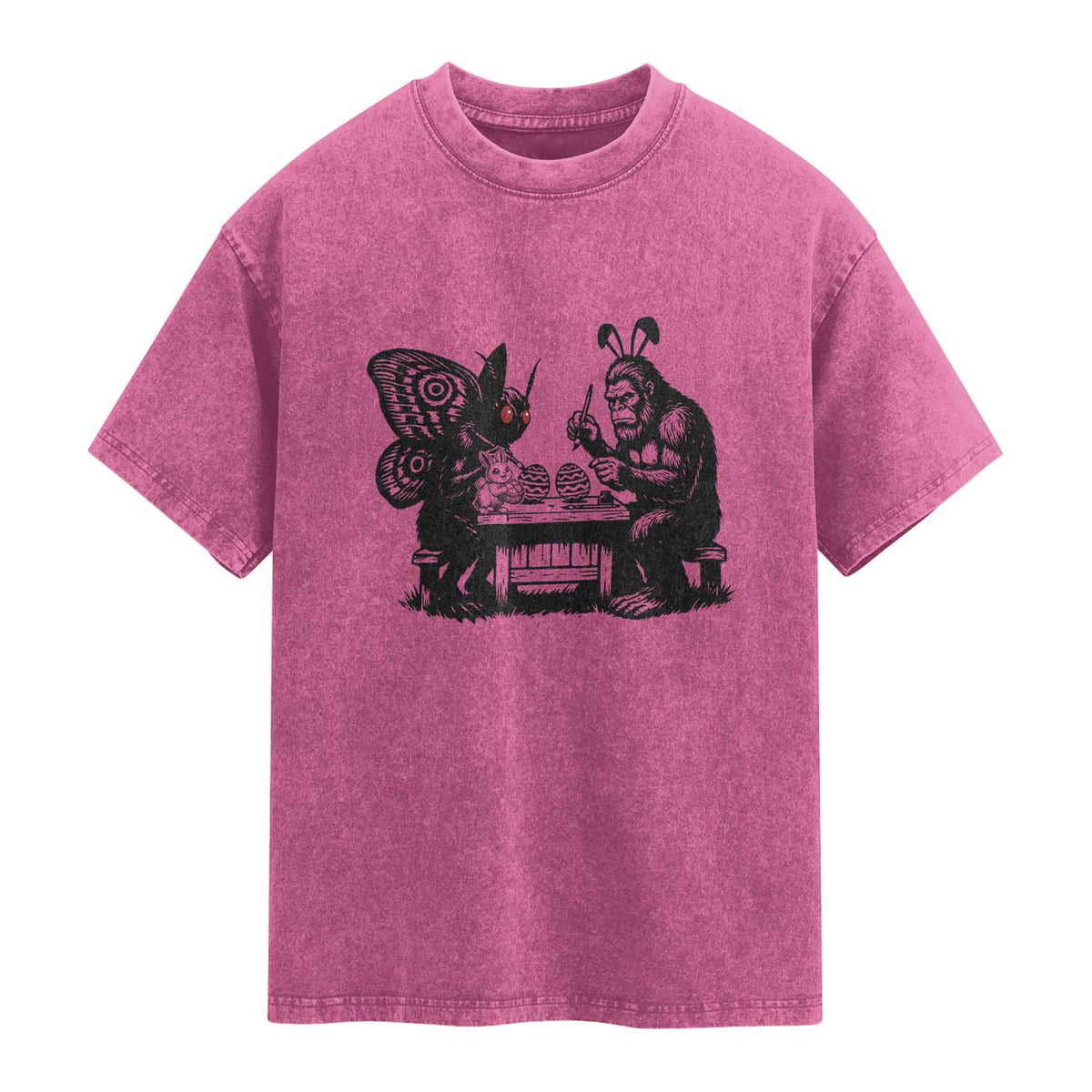 Funny Bigfoot And Mothman Egg Painting Washed Cotton T-Shirt Cryptid Easter Gift
