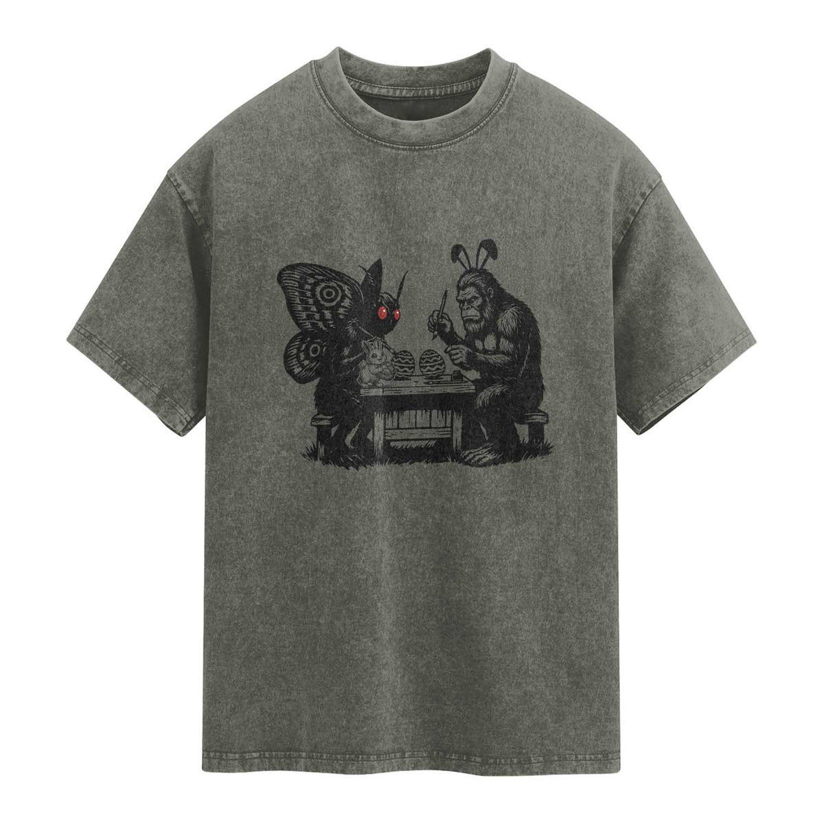 Funny Bigfoot And Mothman Egg Painting Washed Cotton T-Shirt Cryptid Easter Gift