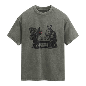 Funny Bigfoot And Mothman Egg Painting Washed Cotton T-Shirt Cryptid Easter Gift