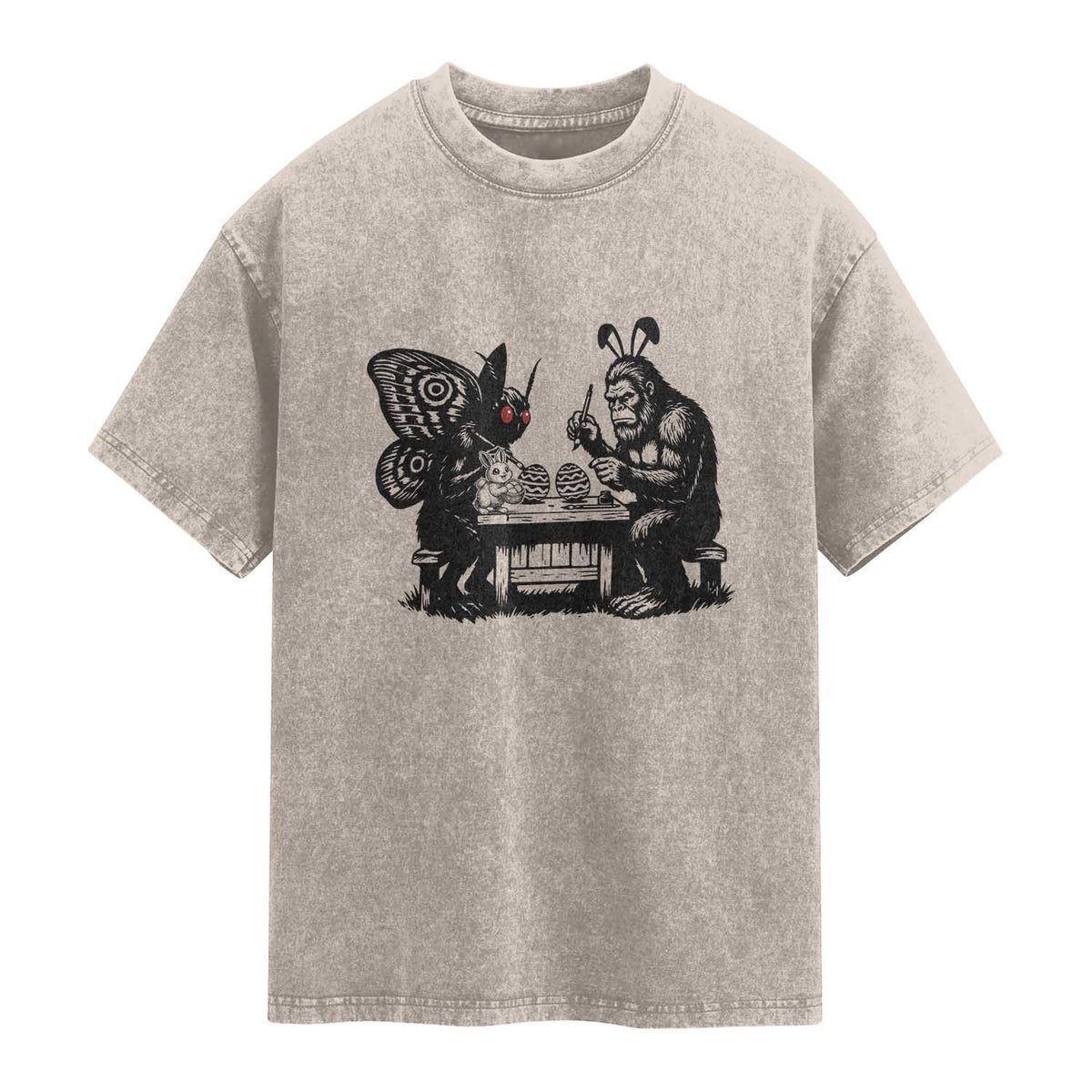 Funny Bigfoot And Mothman Egg Painting Washed Cotton T-Shirt Cryptid Easter Gift