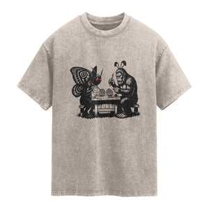 Funny Bigfoot And Mothman Egg Painting Washed Cotton T-Shirt Cryptid Easter Gift