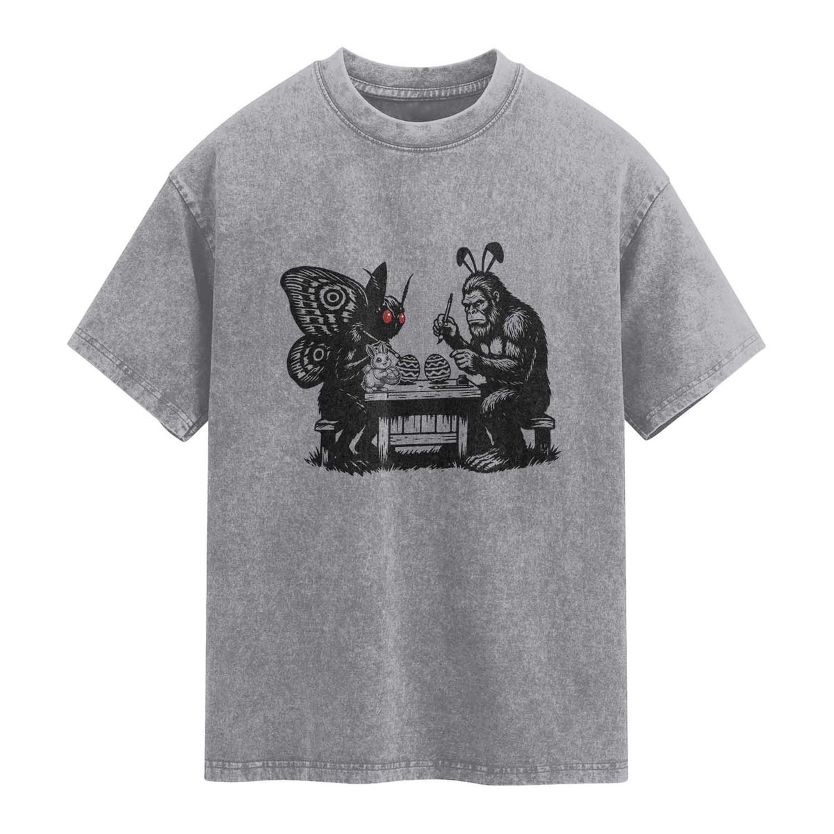 Funny Bigfoot And Mothman Egg Painting Washed Cotton T-Shirt Cryptid Easter Gift
