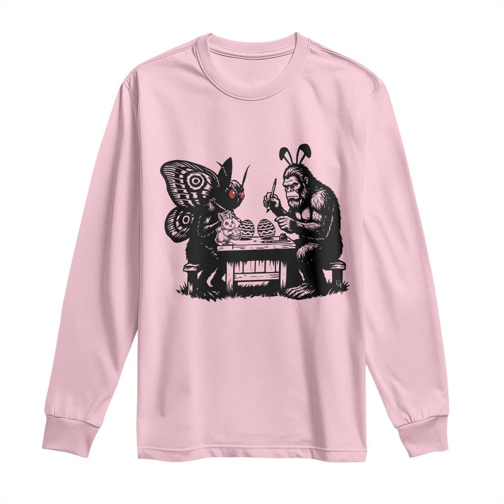 Funny Bigfoot And Mothman Egg Painting Long Sleeve Shirt Cryptid Easter Gift TS12 Light Pink Print Your Wear