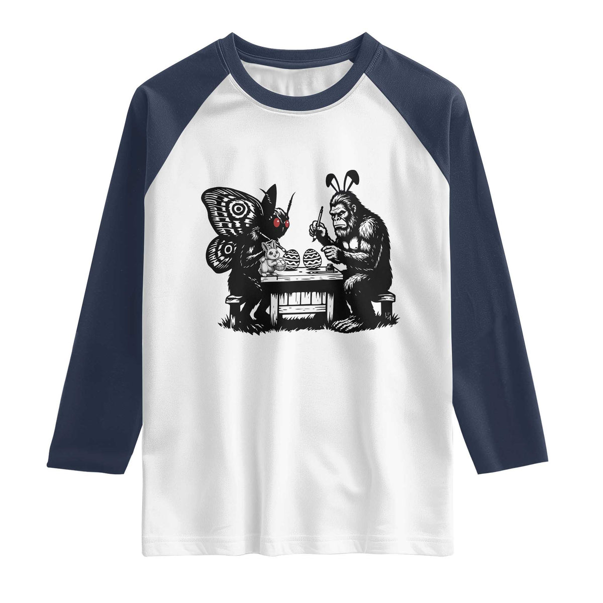 Funny Bigfoot And Mothman Egg Painting Raglan Shirt Cryptid Easter Gift TS12 White Navy Print Your Wear
