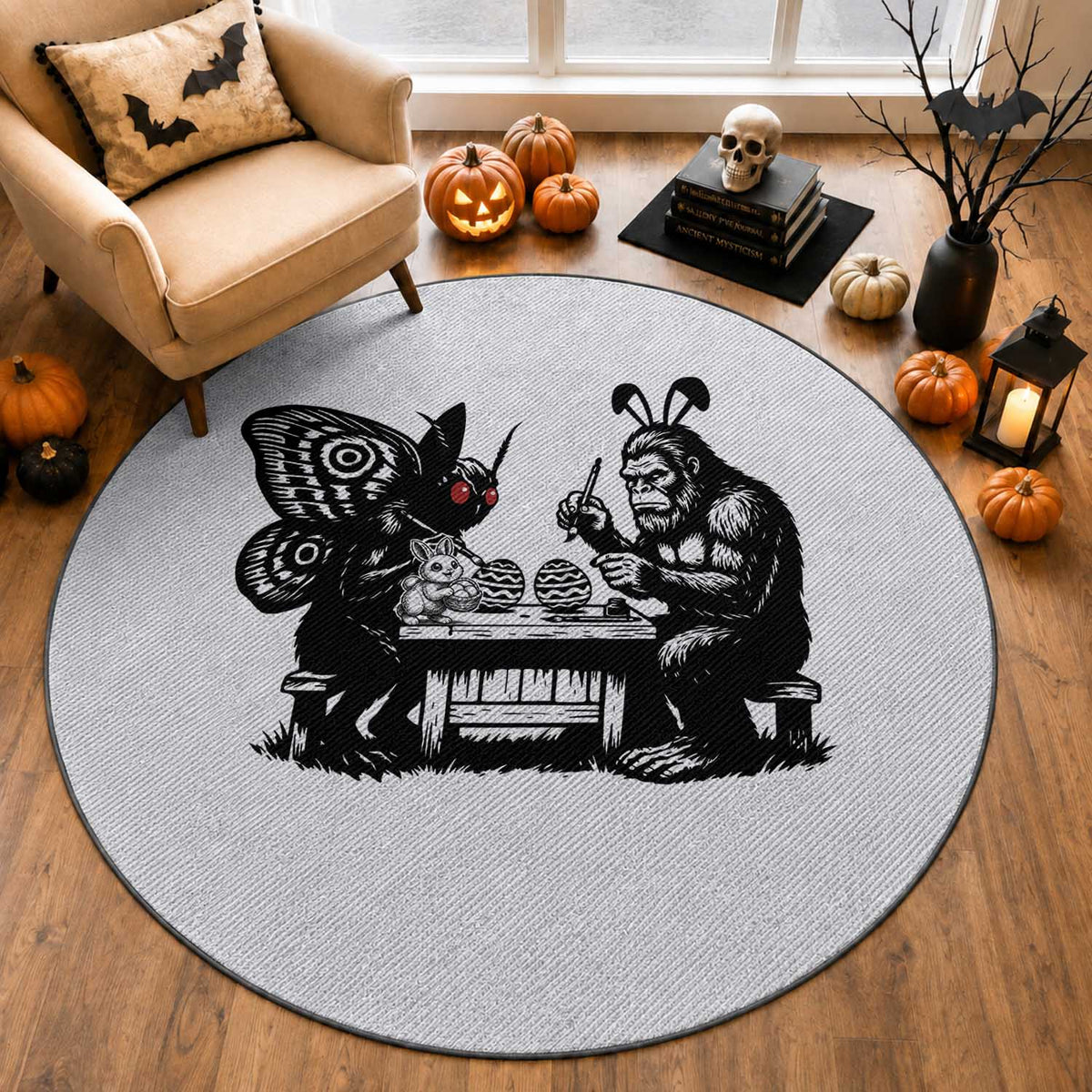Funny Bigfoot And Mothman Egg Painting Round Rug Cryptid Easter Gift