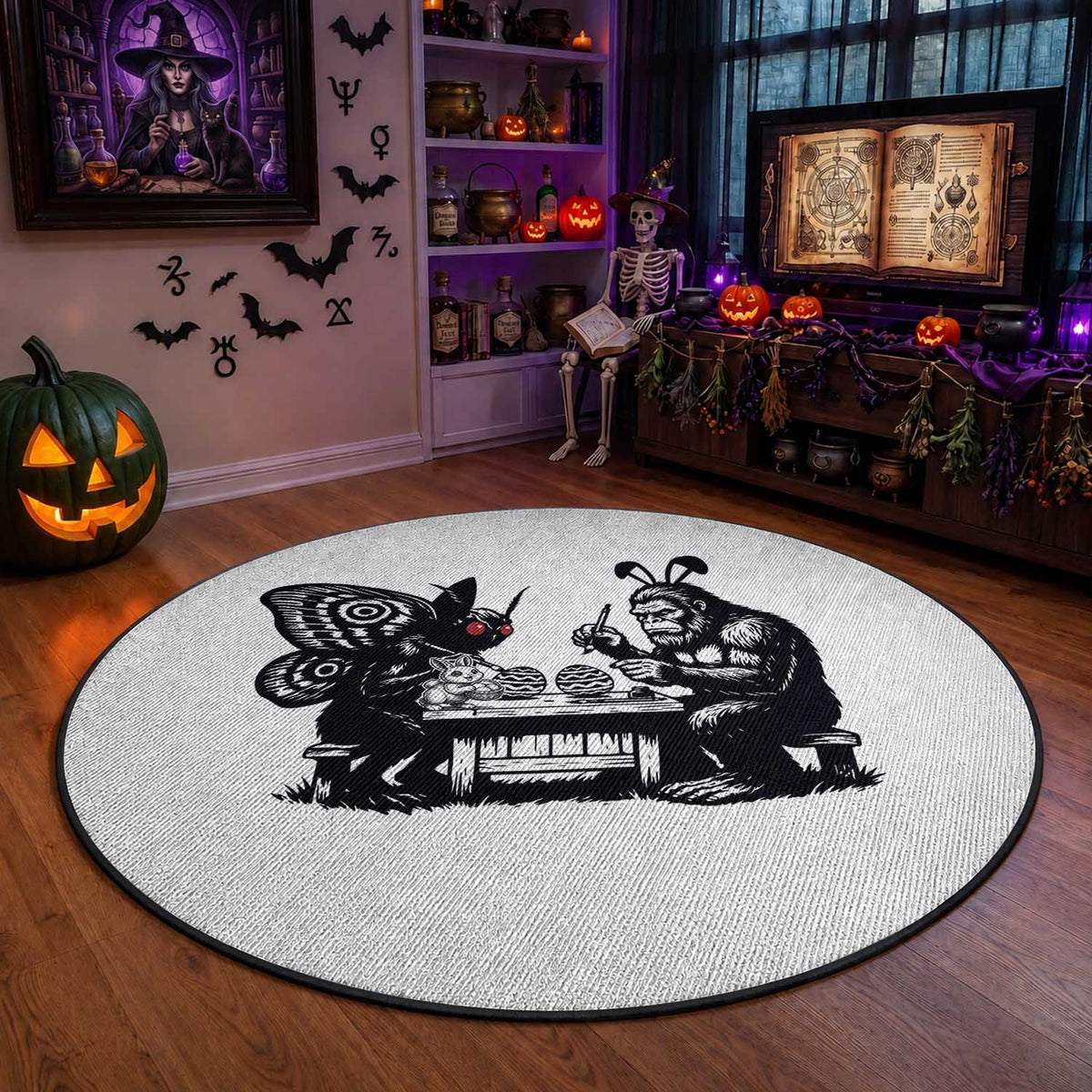 Funny Bigfoot And Mothman Egg Painting Round Rug Cryptid Easter Gift