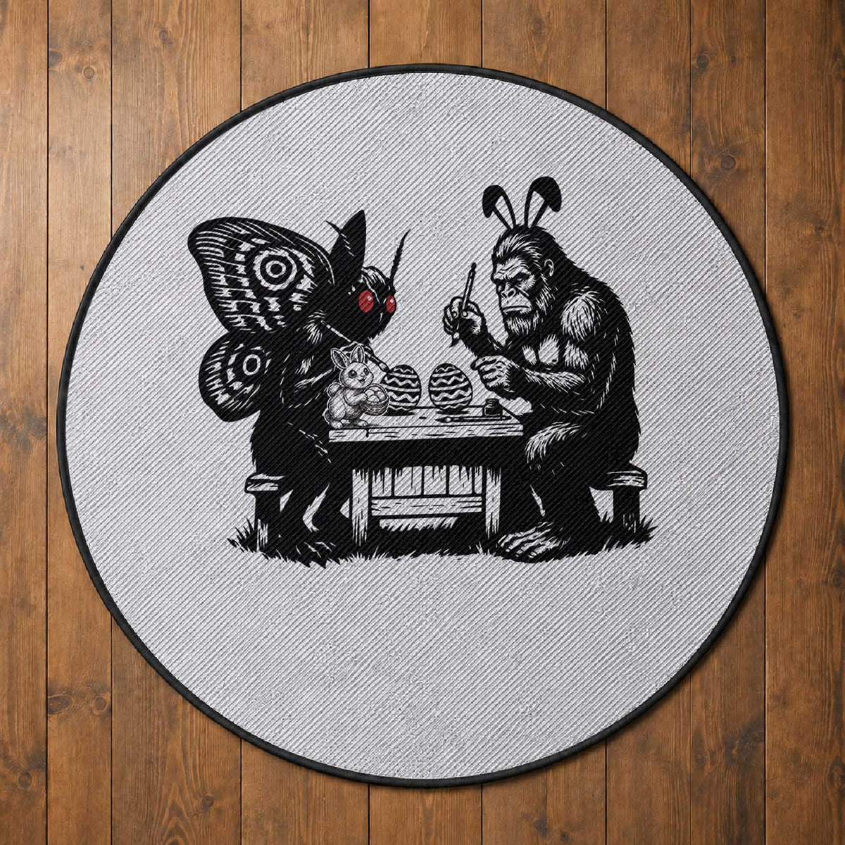 Funny Bigfoot And Mothman Egg Painting Round Rug Cryptid Easter Gift