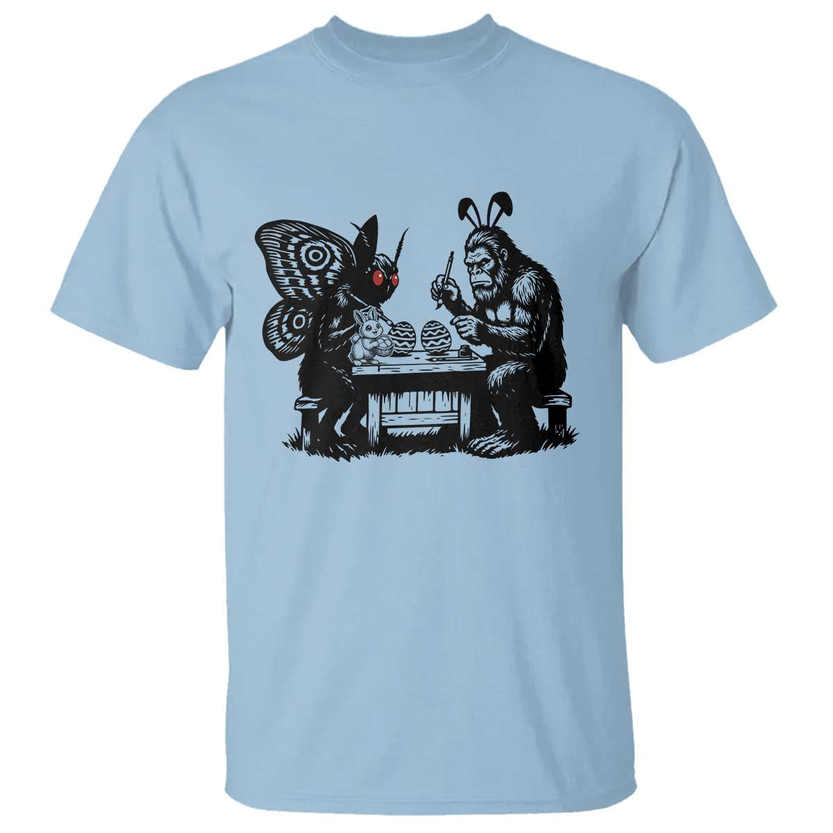 Funny Bigfoot And Mothman Egg Painting T Shirt Cryptid Easter Gift TS12 Light Blue Print Your Wear
