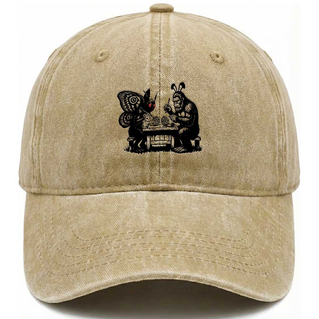 Funny Bigfoot And Mothman Egg Painting Washed Cotton Baseball Cap Cryptid Easter Gift TS12 Washed Cap Universal Fit Khaki Print Your Wear