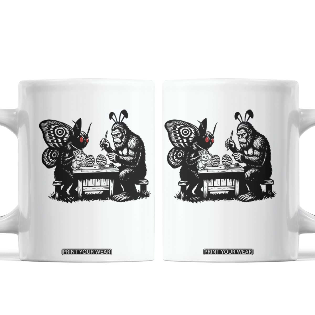 Funny Bigfoot And Mothman Egg Painting Coffee Mug Cryptid Easter Gift TS12 White Print Your Wear