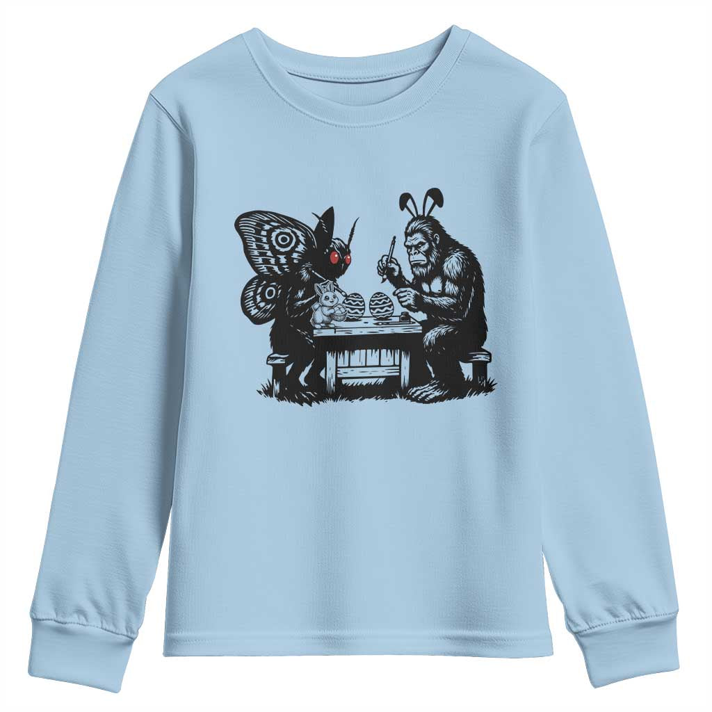 Funny Bigfoot And Mothman Egg Painting Youth Sweatshirt Cryptid Easter Gift TS12 Light Blue Print Your Wear