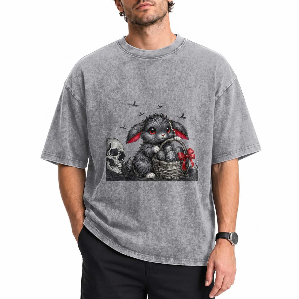 Gothic Easter Bunny Washed Cotton T-Shirt Dark Aesthetic Rabbit Gift