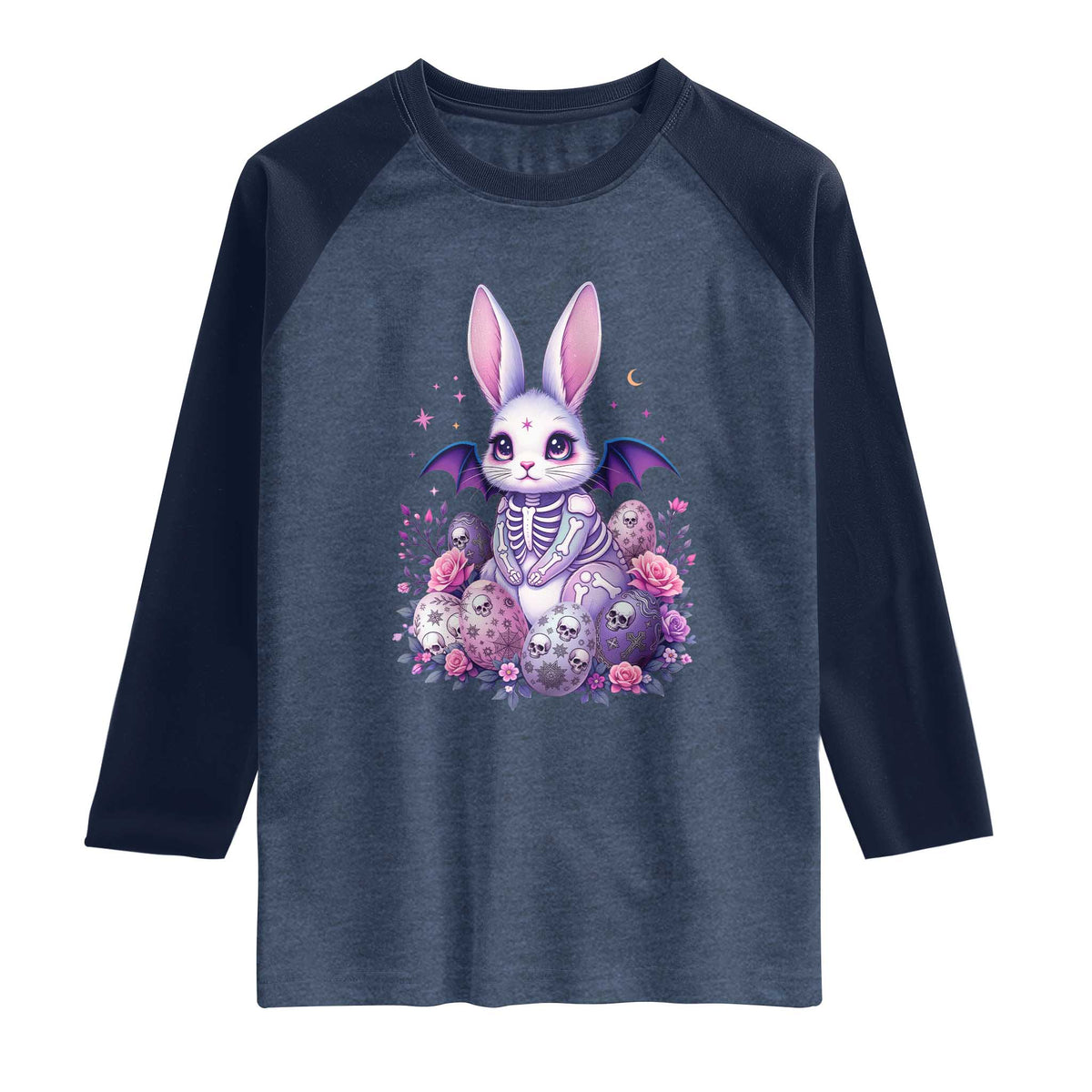 Cute Spooky Easter Bunny Raglan Shirt Pastel Goth Rabbit Gift TS12 Heather Denim Navy Print Your Wear