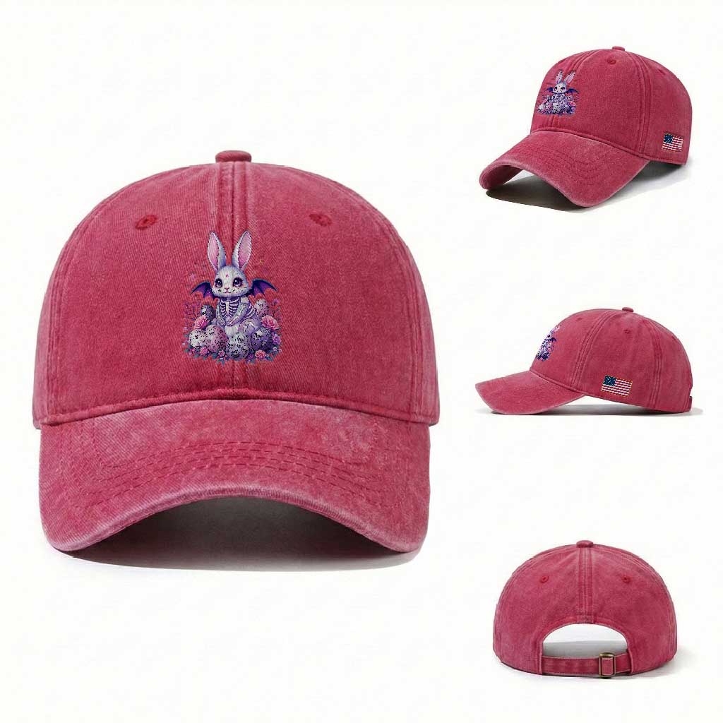 Cute Spooky Easter Bunny Washed Cotton Baseball Cap Pastel Goth Rabbit Gift TS12 Washed Cap Universal Fit Red Print Your Wear