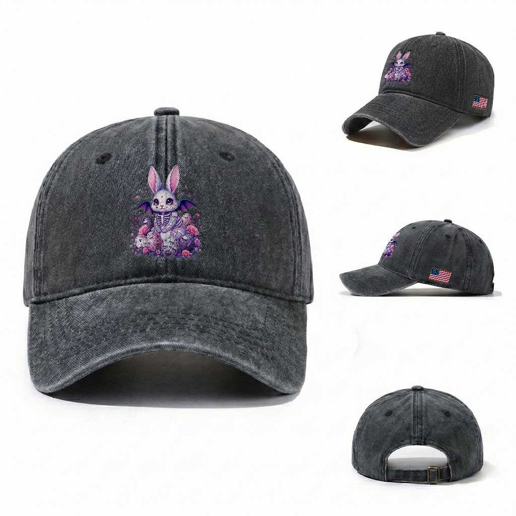 Cute Spooky Easter Bunny Washed Cotton Baseball Cap Pastel Goth Rabbit Gift TS12 Washed Cap Universal Fit Dark Gray Print Your Wear