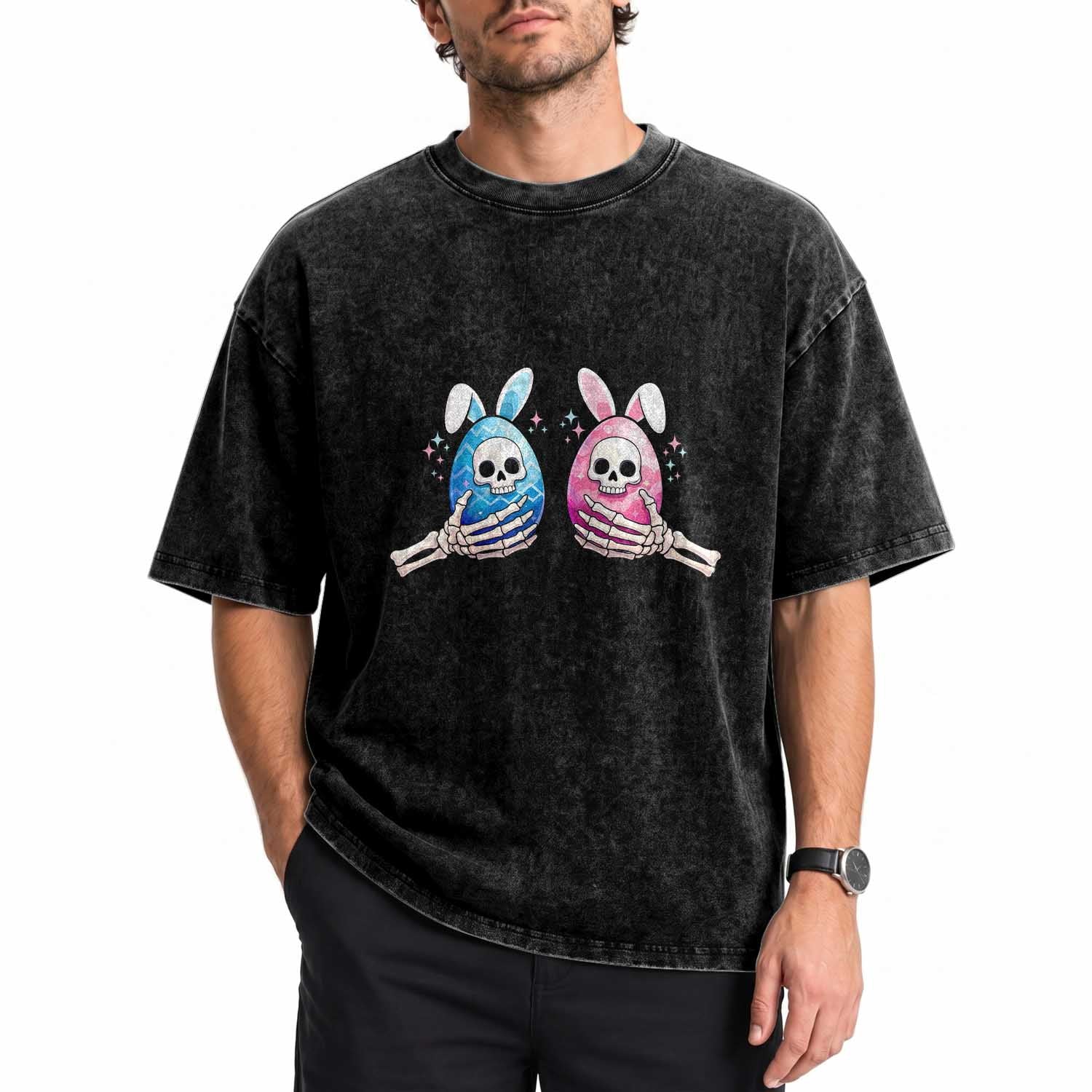Gothic Easter Gift Washed Cotton T-Shirt Skeleton Hands Holding Easter Eggs
