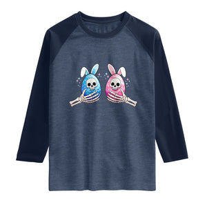 Gothic Easter Gift Raglan Shirt Skeleton Hands Holding Easter Eggs TS12 Heather Denim Navy Print Your Wear