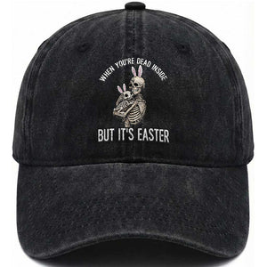 Funny Easter Bunny Skeleton Washed Cotton Baseball Cap Dead Inside But It Is Easter TS12 Washed Cap Universal Fit Black Print Your Wear