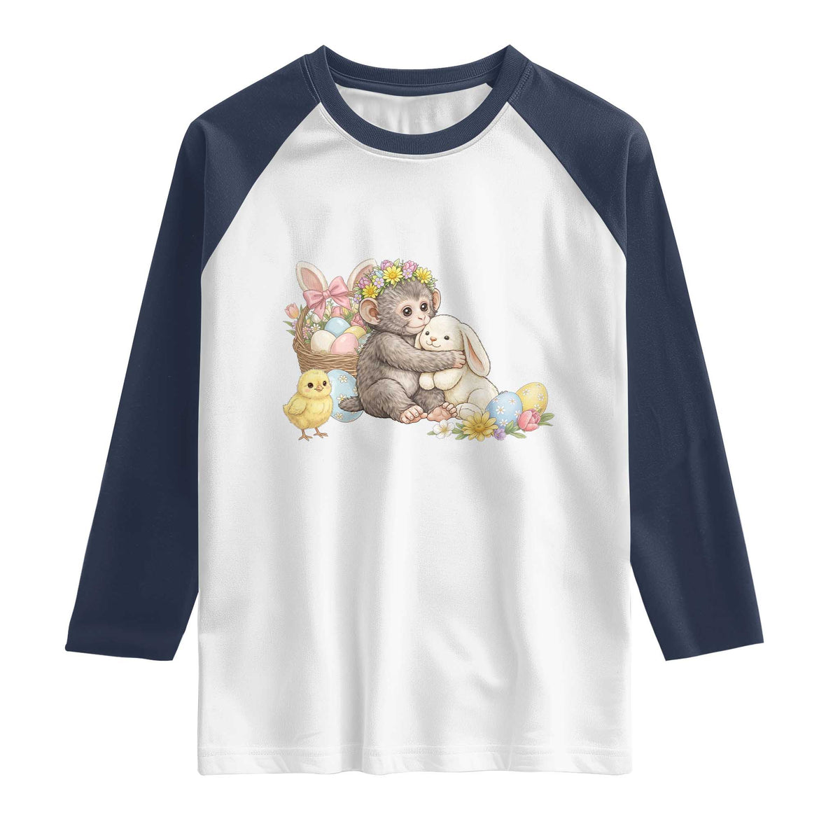 Cute Punch Baby Monkey Easter Raglan Shirt Funny Animal Gift TS12 White Navy Print Your Wear