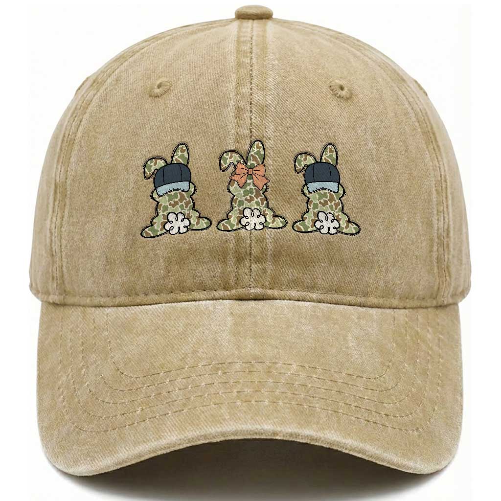 Camo Easter Bunny Washed Cotton Baseball Cap Funny Hunter Easter Gift TS12 Washed Cap Universal Fit Khaki Print Your Wear