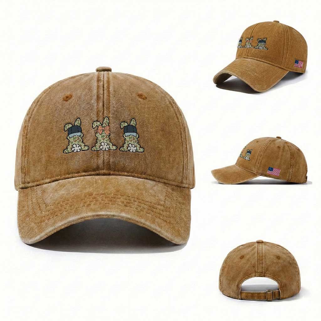 Camo Easter Bunny Washed Cotton Baseball Cap Funny Hunter Easter Gift TS12 Washed Cap Universal Fit Yellow Ochre Print Your Wear